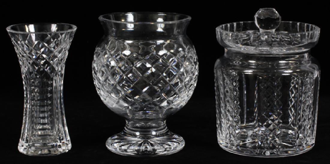 WATERFORD CRYSTAL TABLE ACCESSORIES, 3 PIECES: WATERFORD CRYSTAL TABLE ACCESSORIES, 3 PIECES, H 4 3/4"-6 3/4" Comprising: a 'Giftware' flower vase (h. 6"), a 'Hibernia' biscuit barrel (h. 6 3/4"), and a footed centerpiece bowl (h. 6 3/8", diam. 4