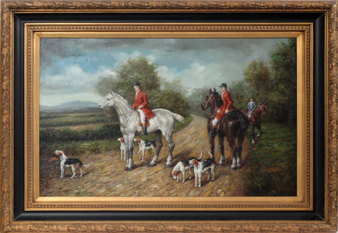 OIL ON CANVAS, H 24", W 36", HUNT SCENE (1 of 3)