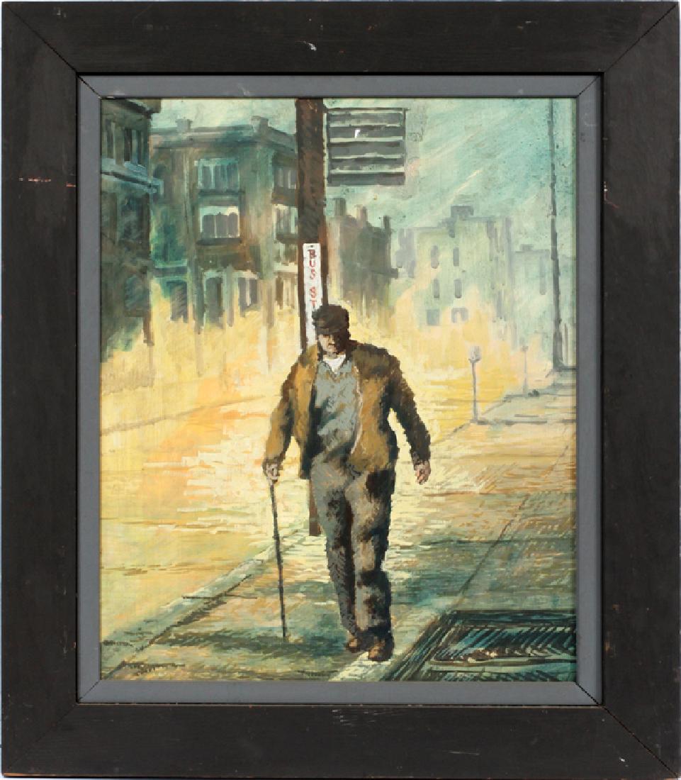 MODERN OIL ON BOARD MAN WALKING BY BUS STOP (1 of 3)