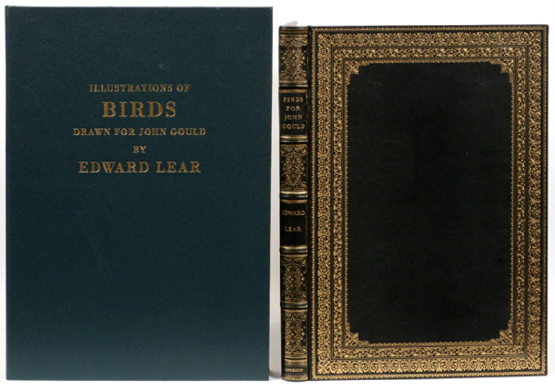 BOOK, BIRDS DRAWN FOR JOHN GOULD BY EDWARD LEAR: BOOK, BIRDS DRAWN FOR JOHN GOULD BY EDWARD LEAR PUBLISHER: FOLIO SOCIETY, 2011 IMPERIAL FOLIO, FIRST EDITION WITH MARBLED ENDPAPERS; BOUND IN FULL MOROCCO, SIDES ELABORATELY TOOLED IN GILT, BACK GILT