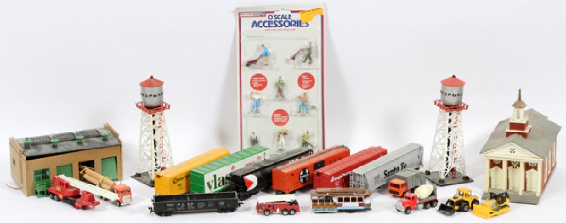 MINATURE TRAIN-ENGINE, RAILCARS & TRACK, BUILDINGS: MINATURE TRAIN-ENGINE, RAILCARS & TRACK, BUILDINGS, LIGHTS, AUTOMOBILES, TRUCKS, AND L.3" HOT WHEELS BY MATTEL,ETC. (75 +) HO-Gauge, See additional color pictures. Norm. dupp, NUMBER # 114 and #5. Njd