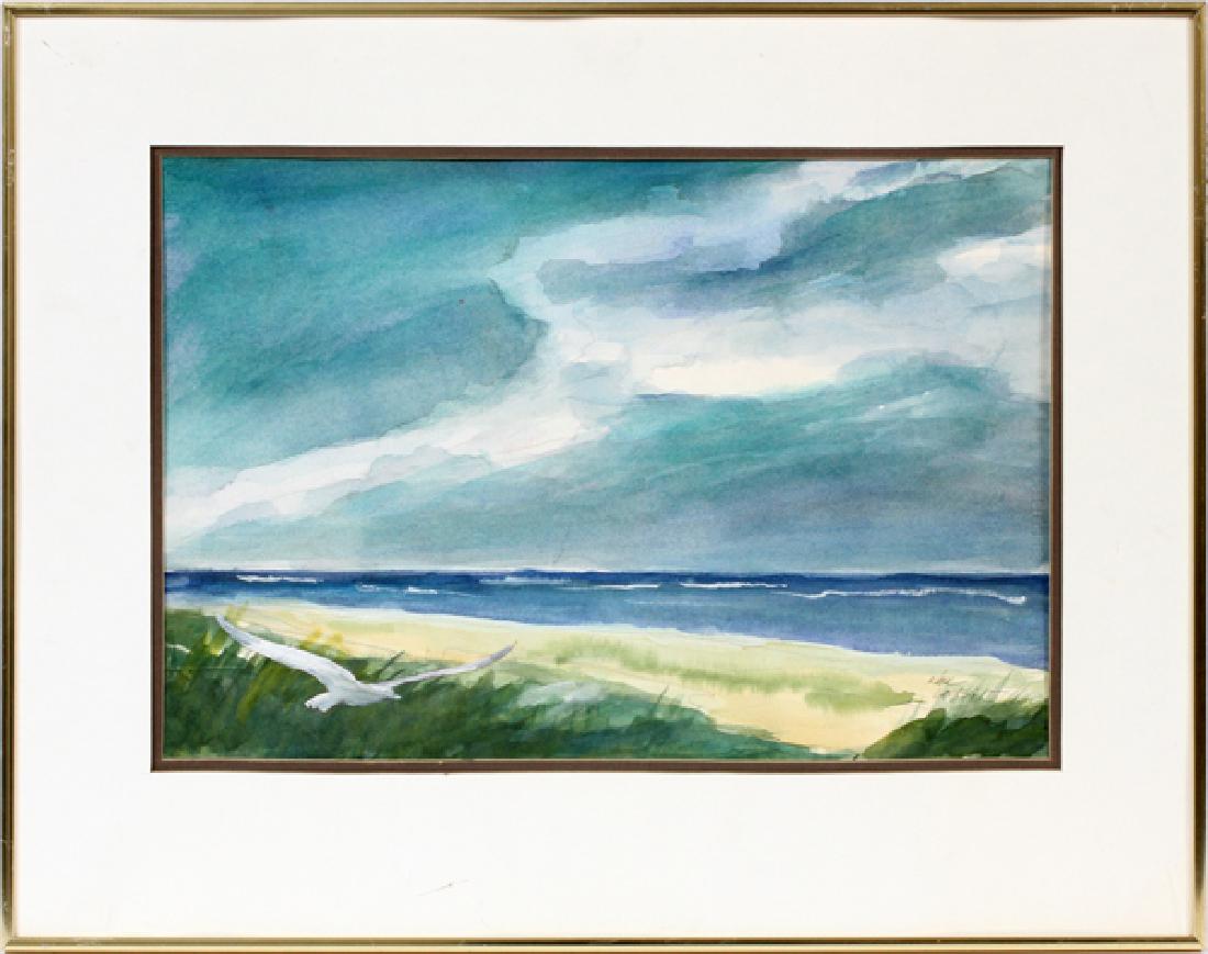 KARL LARSEN WATERCOLOR ON ARTIST BOARD: KARL LARSEN (DANISH/USA 1897-1977), WATERCOLOR ON ARTIST BOARD, H 14', W 20'SEASCAPE WITH BIRDS IN FLIGHT. SIGNED LOWER RIGHT. FRAMED AND MATTED UNDER GLASS.