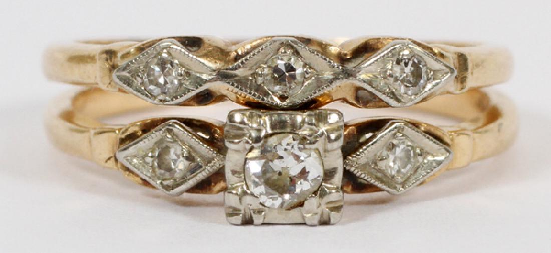 14KT YELLOW GOLD & DIAMOND WEDDING RING SET: 14KT YELLOW GOLD & DIAMOND WEDDING RING SET, SIZE 6.25 A wedding ring set composed of two bands, both with 14kt yellow gold and three diamonds in each. Both are stamped "14K", and the engagement ring 