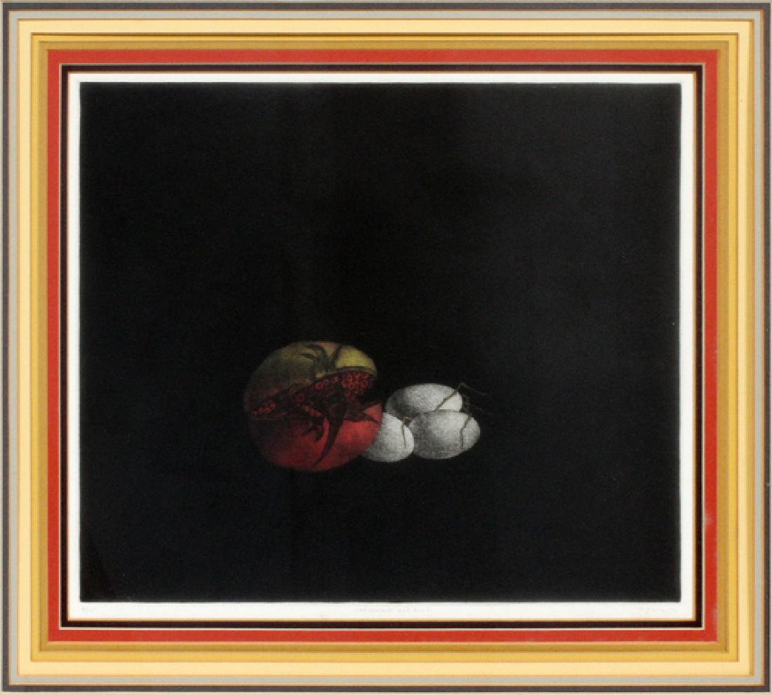 T. YOLANDA STILL LIFE MEZZOTINT #9/100: T. YOLANDA, STILL LIFE MEZZOTINT, #9/100, H 12", W 14", "POMEGRANATE AND EGGS"DEPICTS A STILL LIFE OF A POMEGRANATE AND EGGS WITH A BLACK BACKGROUND, GILT WOOD FRAMED AND MATTED UNDER GLASS. NUMBERED 
