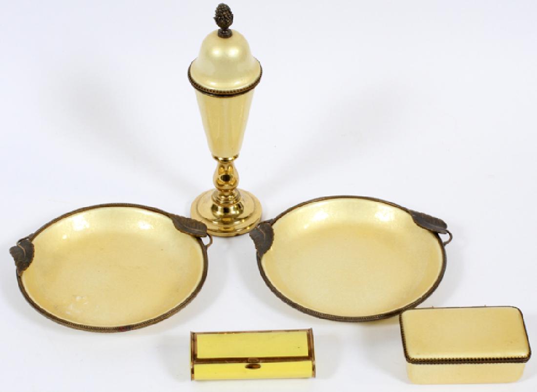 YELLOW AUSTRIAN ENAMEL BOXES AND VASE: YELLOW AUSTRIAN ENAMEL BOXES AND VASE CIRCA 1940 5 PCS:Two boxes with hinged covers L 3.5", two round dishes Dia 6", one lighter in the shape of a covered urn H 6". Hand enameled. Trade mark "Evans",