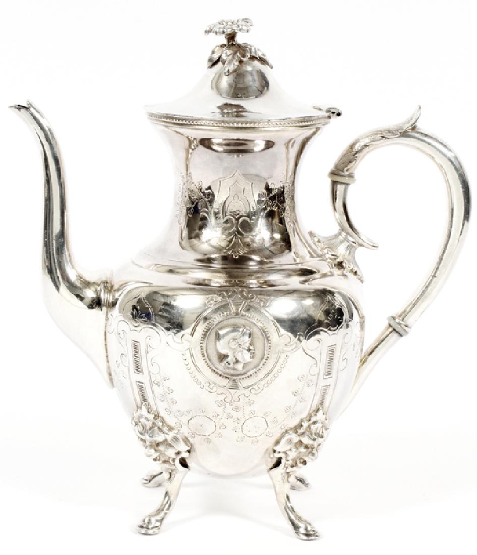 MERIDEN SILVER PLATE COFFEE POT, C. 1860 (1 of 3)