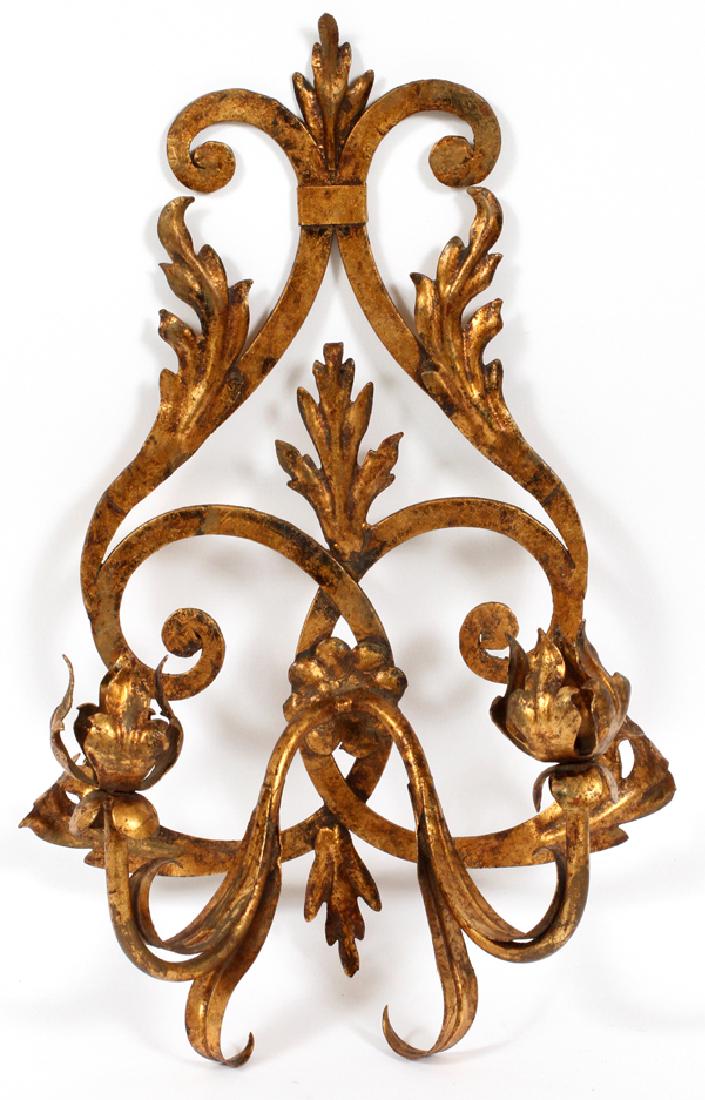 TWO LIGHT GILT WROUGHT IRON CANDLEHOLDER/SCONCE (1 of 2)