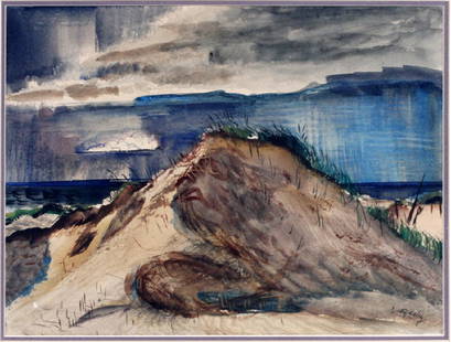 ZOLTAN SEPESHY WATERCOLOR LANDSCAPE: ZOLTAN SEPESHY, USA 1898 - 74, WATERCOLOR, H 8.5" W 12.5" LANDSCAPE :Signed lower right. Custom silvered frame: 16" x 20". Zepeshy was painting instructor at Cranbrook Academy and became Director of C