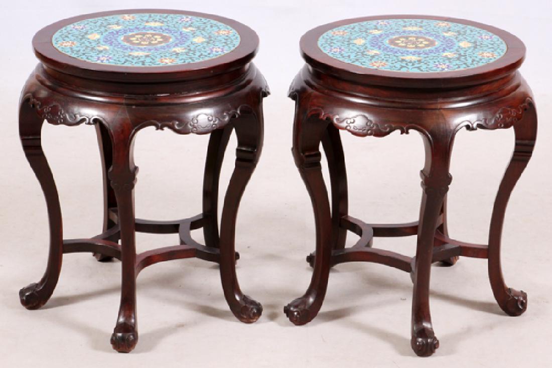 CHINESE CARVED WOOD & CLOISONNE SIDE TABLES, PAIR (1 of 2)