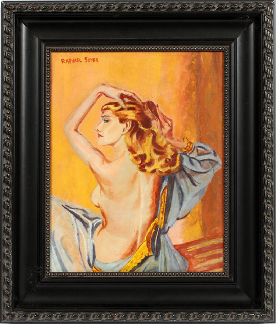 AFTER RAPHAEL SOYER OIL ON CANVAS SEMI-NUDE WOMAN: AFTER RAPHAEL SOYER, OIL ON CANVAS, H 17'', W 13'', SEMI-NUDE WOMAN :AN OIL ON CANVAS DEPICTING A NUDE WOMEN WITH LOOKING OVER HER SHOULDER. THE WORK IS SIGNED "RAPHAEL SOYER" AT TOP LEFT. FRAMED.