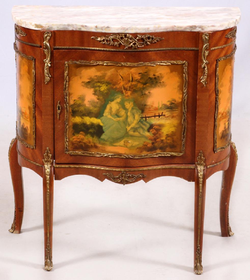 VERNIS MARTIN STYLE MARBLE TOP COMMODE: VERNIS MARTIN STYLE MARBLE TOP COMMODE, H 30", W 29", D 14":French ormolu decorations with courting scenes on door panel.