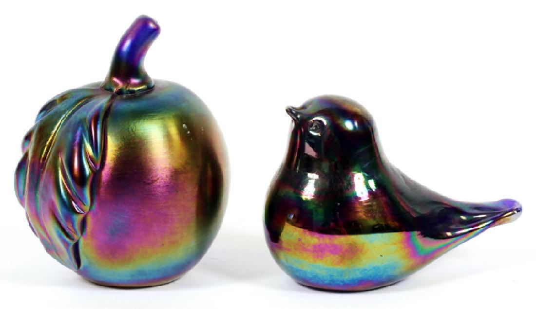GIBSON & JOE ST. CLAIR GLASS PAPER WEIGHTS: GIBSON & JOE ST. CLAIR, IRIDESCENT GLASS PAPER WEIGHTS, 2 PCS., H 4" & 5":Marked Gibson, 1976, Apple, H 5". Marked, Joe St. Clair, Bird, H 4".