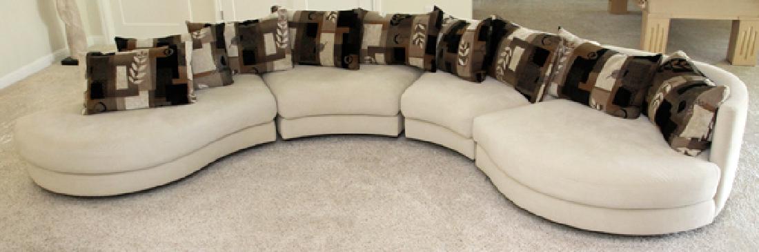 MODERN UPHOLSTERED SECTIONAL AND OTTOMANS: MODERN UPHOLSTERED SECTIONAL AND OTTOMANS, 3 PIECES, H 25", L 158" (APPROX.), D 36":The couch with four sections. Accompanied by two matching ottomans. Ottoman: h. 15 1/2", l. 43", d. 25".