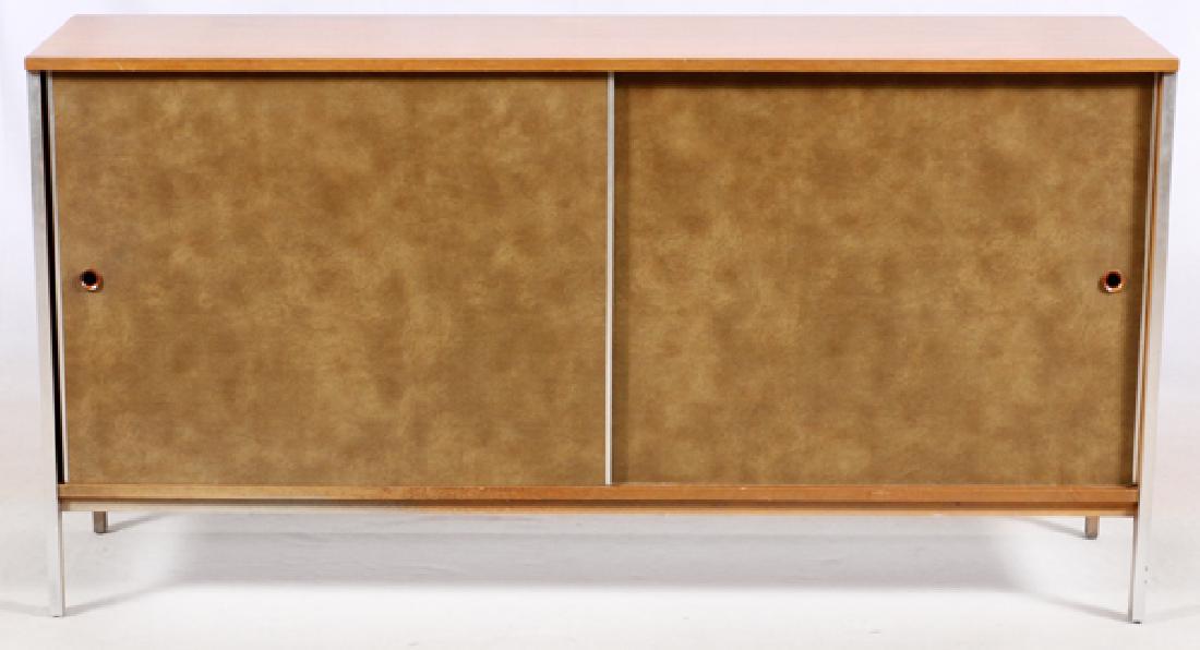 PAUL MCCOBB LINEAR GROUP FOR CALVIN CREDENZA: PAUL MCCOBB LINEAR GROUP FOR CALVIN FURNITURE, MODERN WALNUT AND CHROME CREDENZA, C1960, H 34", W 66" D 18":Linear Group design by Paul McCobb for Calvin Furniture credenza. Having two sliding doors r