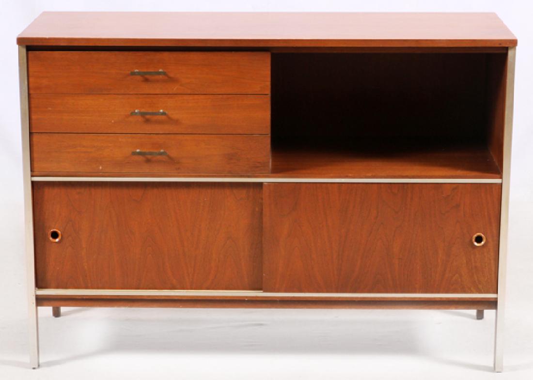PAUL MCCOBB FOR CALVIN FURNITURE CO. CABINET: PAUL MCCOBB FOR CALVIN FURNITURE CO., MID CENTURY MODERN, WALNUT AND CHROME, CABINET, C1960, H 34", W 48" D 18":Mid century modern walnut and chrome cabinet by Paul McCobb for Calvin Furniture. Having