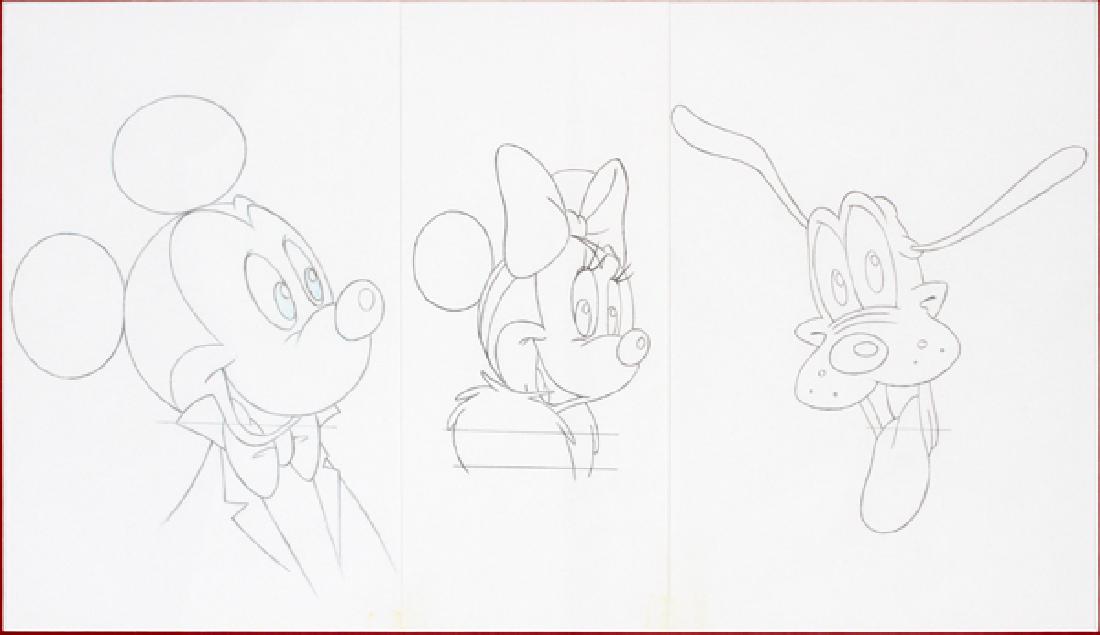 WALT DISNEY STUDIOS GRAPHITE ON PAPER, THREE: WALT DISNEY STUDIOS (20TH C.), GRAPHITE ON PAPER, THREE, 8" X 5", APPROX., IN A SINGLE FRAME:INCLUDING MICKEY MOUSE, MINNIE MOUSE, AND PLUTO, UNDER GLASS WITH A RED MAT, IN A BLACK METAL FRAME, 14 1/4