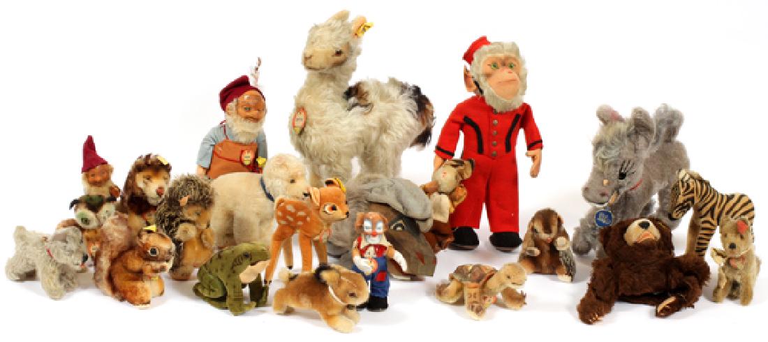 STEIFF ORIGINAL STUFFED TOYS, 15+, H 3" - 11": STEIFF ORIGINAL STUFFED TOYS, 15+, H 3" - 11":Includes animals, 'lama', 'slo' (turtle), 'Wittie' (owl), 'Leo' (lion), squirrel, rabbit, scotty dog, 'Chew Chew Brownie' (dog), 'Bambi' (fawn), 'Clownie'