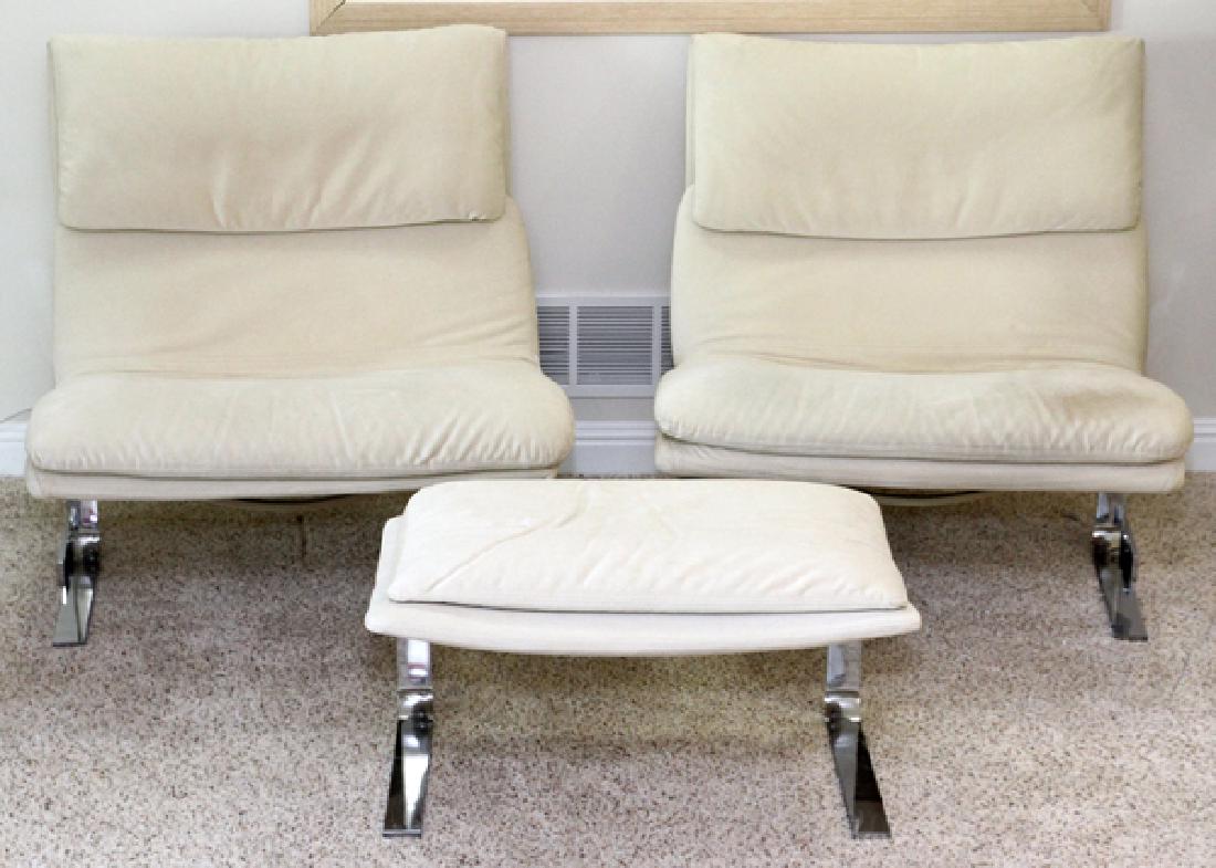 MODERN CHROME AND UPHOLSTERED CHAIRS AND OTTOMAN (1 of 2)