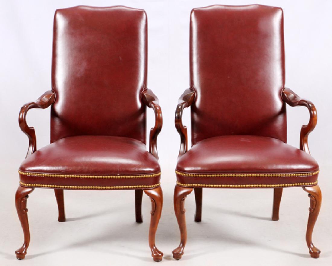 MAHOGANY AND RED LEATHER OPEN ARM CHAIRS, PAIR (1 of 3)