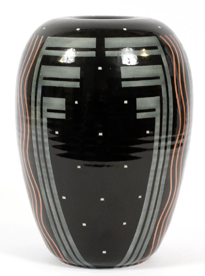 MICHAEL DUVALL HAND THROWN ART POTTERY VASE: MICHAEL DUVALL, HAND THROWN ART POTTERY VASE, H 10 1/2":With note of purchase in 1981. Black ground.