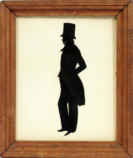 AUGUSTE EDOUART SILHOUETTE OF RICHARD BARNES: AUGUSTE EDOUART (FRENCH, 1789-1861), FULL-LENGTH CUT-OUT SILHOUETTE OF RICHARD BARNES, ESQ., 13TH AUG. 1828, H 8 3/8":DEPICTING A GENTLEMAN WEARING A TOP HAT AND OVERCOAT, FACING LEFT, MOUNTED TO BACK