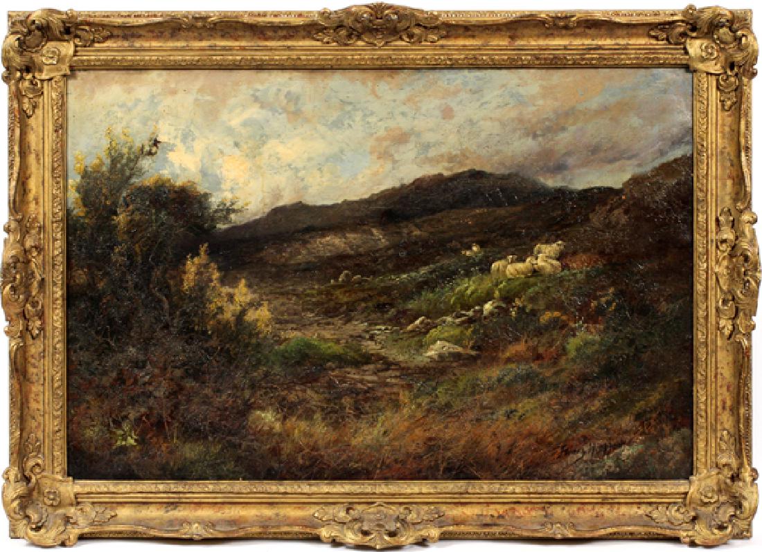 SIGNED OIL ON CANVAS "HIGHLAND SHEEP": SIGNED OIL ON CANVAS, H 24", W 36", "HIGHLAND SHEEP":Signed lower right, reading possibly "Franz Hoffner" or "Franz Hoepfner. Framed.