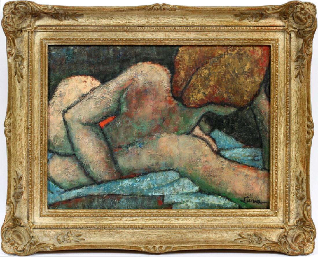 LURA LAWLER OIL ON MASONITE, 20TH C.: LURA LAWLER, OIL ON MASONITE, 20TH C., H 12", W 15.5", RECLINING FIGURE:Signed lower right. Frame size 17" x 21". Birmingham, Mi. artist.