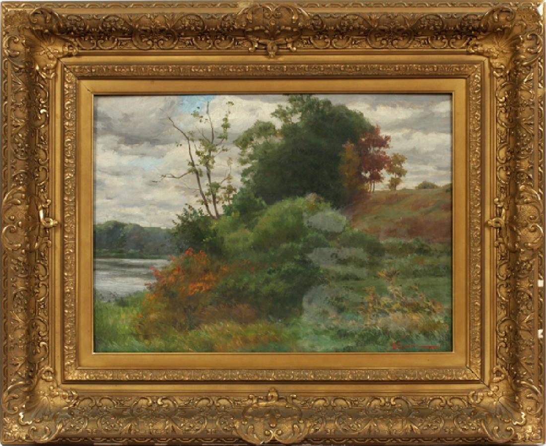 EDGAR CAMERON OIL ON CANVAS SUMMER LANDSCAPE: EDGAR CAMERON, OIL ON CANVAS, H 16'', W 22'', SUMMER LANDSCAPE:Edgar Spier Cameron [American,1862â€“1944]. Scene identified on the verso label. Signed lower right. Framed