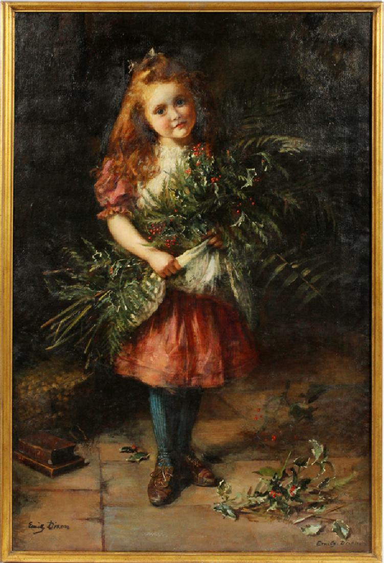 EMILY DIXON OIL ON CANVAS PORTRAIT: EMILY DIXON OIL ON CANVAS, H 48", W 33", PORTRAIT OF A YOUNG GIRL:Emily Dixon [British, 19th C.]. An oil on canvas depicting a standing young girl holding a bouquet of flowers. Signed both lower right