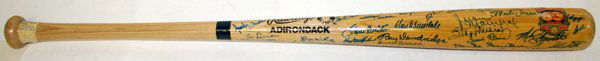 50 YRS. HALL OF FAME 1939-1989 SIGNED BAT: "50 YRS. HALL OF FAME 1939-1989" AUTOGRAPHED BAT, L 35":includes signatures of Mickey Mantle, Hank Aaron, Stan Musial, Ted Williams, Ernie Banks, Sandy Koufax, Don Drysdale, George Kell, Joe Morgan, e