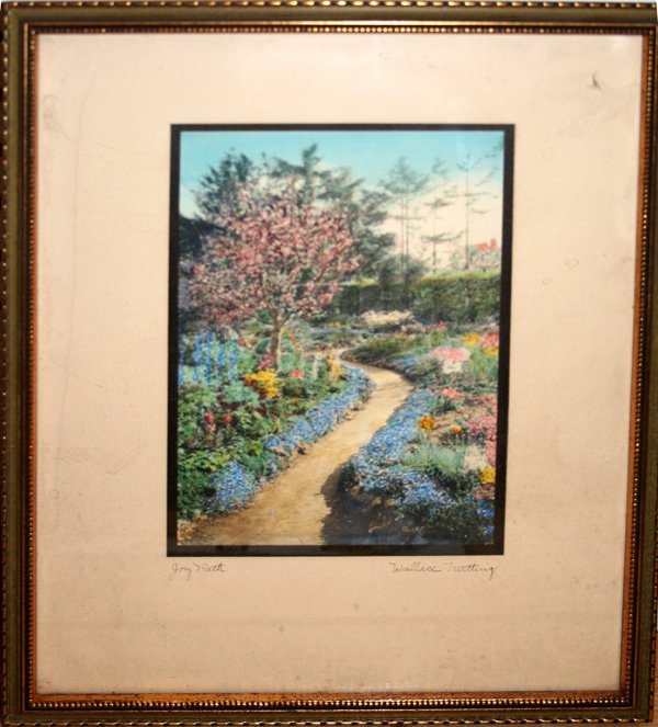WALLACE NUTTING ETCHING, 7"x4.8", "JOY PATH": WALLACE NUTTING (AMER. 1861-1941) COLORED ETCHING 7" X 4 3/4" "JOY PATH":framed and matted under glass.