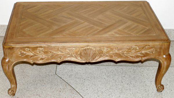 PINE & PARQUET TOP COFFEE TABLE: PINE AND PARQUET TOP COFFEE TABLE, H 16", W 27", L 41":Having a parquet top, carved shell and vine apron, and cabriole legs raised on scroll feet.