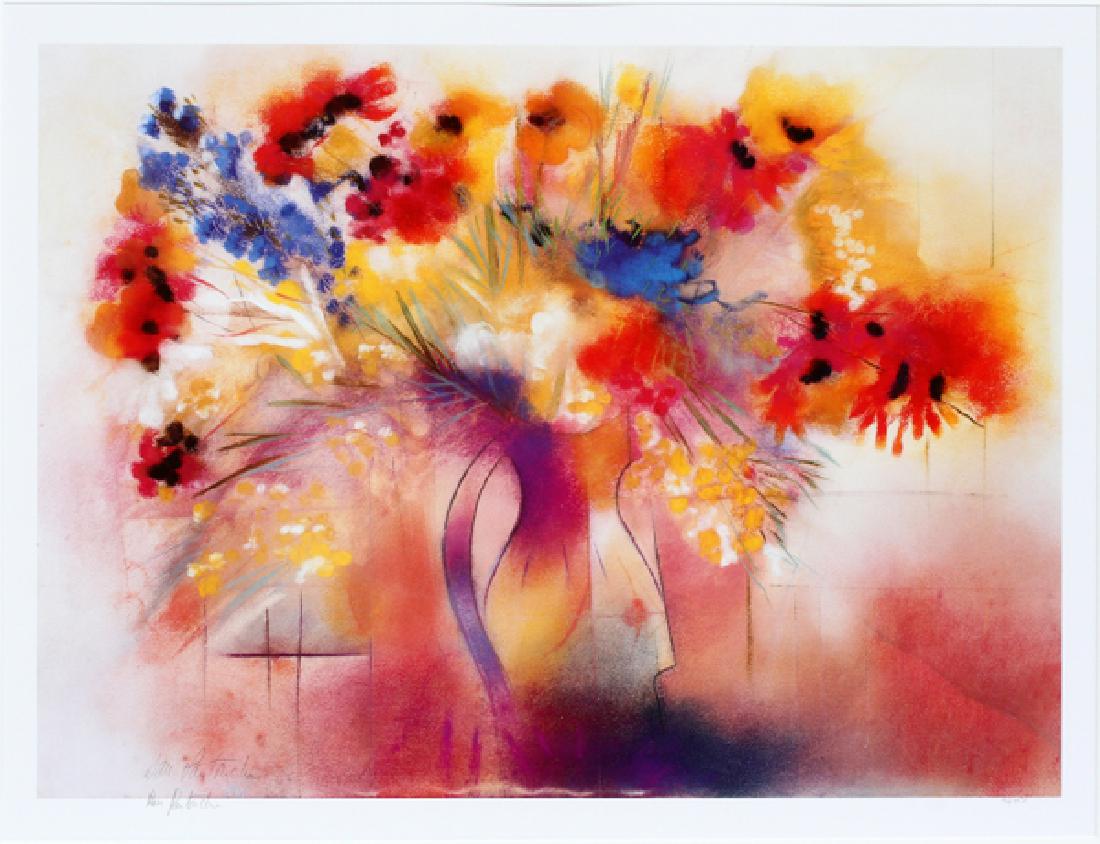 DALE PARTRICHA SERIGRAPH, LATE 20TH C.: DALE PARTRICHA (20TH C.), SERIGRAPH, LATE 20TH C., H 17", W 26", FLORAL STILL LIFE :Numbered 92/712 lower right, signed lower left, and signed in plate. Framed and matted under glass. Verso retains la
