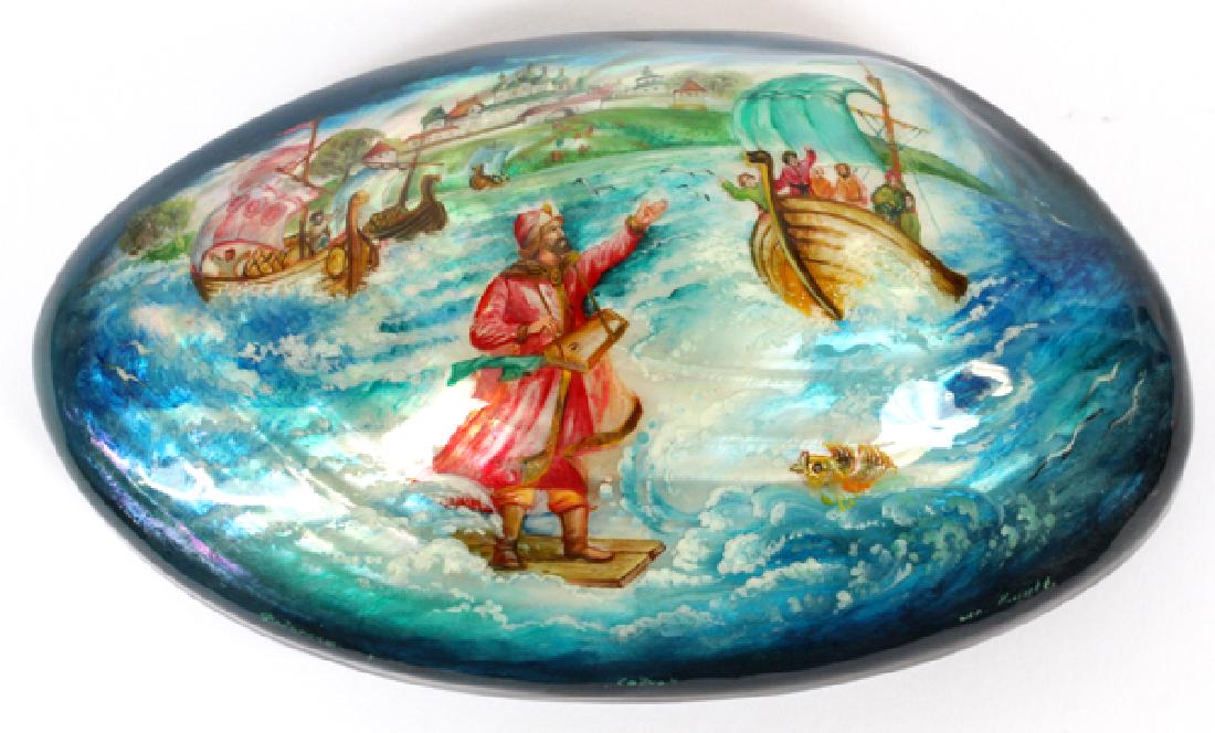 FEDOSKINO RUSSIAN PAINTED LACQUER BOX: FEDOSKINO RUSSIAN PAINTED LACQUER BOX, H 2", W 6", D 3 1/2" :A painted box in the design of a sea shell, red lacquer interior neptune inside lid. Signed on side of lid and manufacture's mark on the un