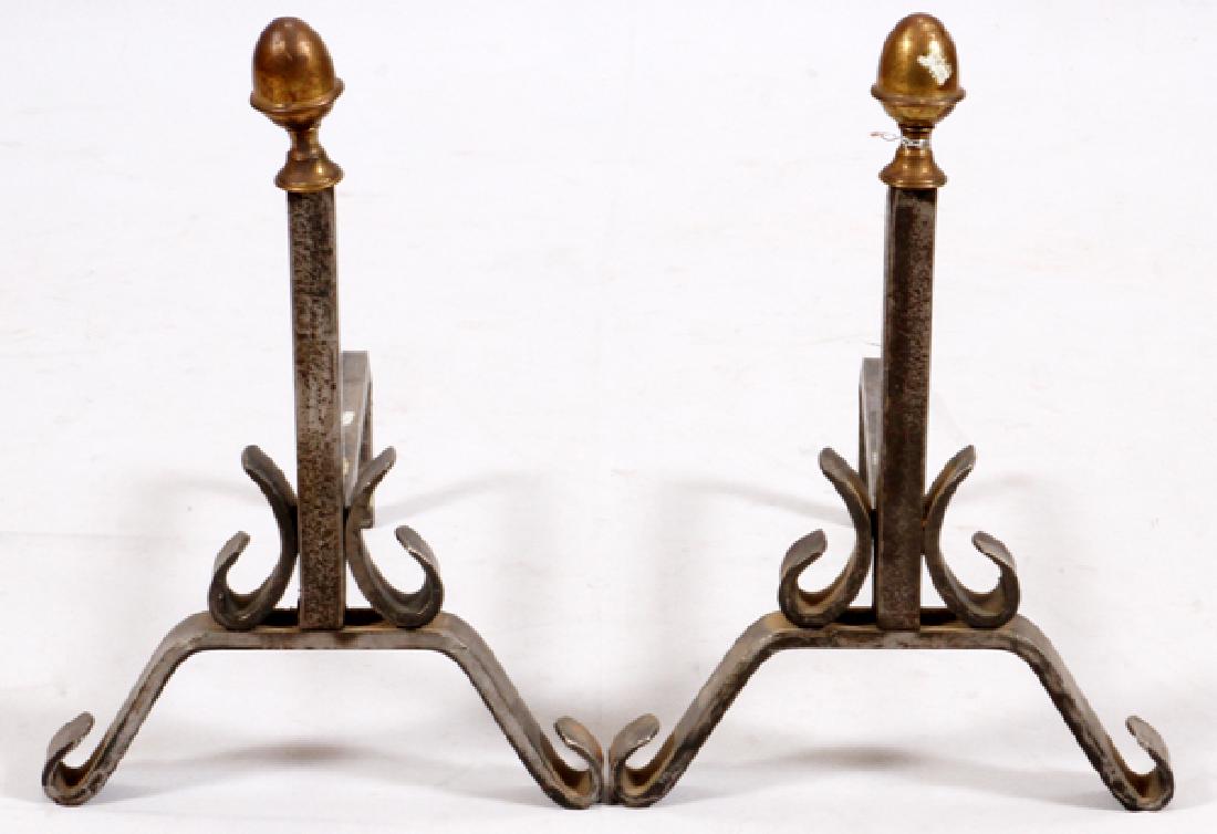 HAND WROUGHT IRON ANDIRONS PAIR, H 16" W 11" L 14": HAND WROUGHT IRON ANDIRONS, (BRASS FINIALS), PAIR, H 16" W 11" L 14":PROBABLY FRENCH MADE. BRASS ACORN FORM FINIALS. CIRCA 1900.