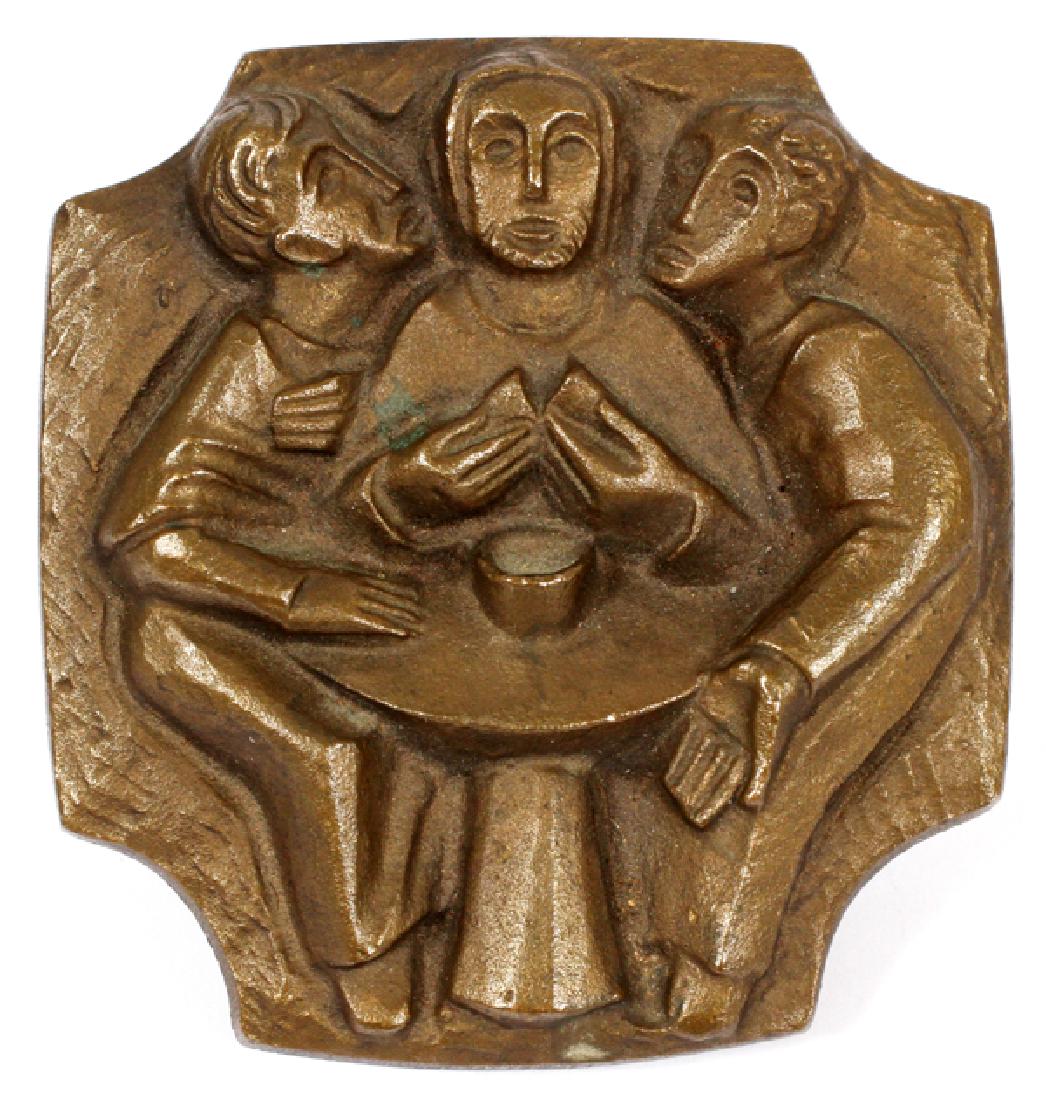BRONZE PLAQUE, H 3", W 3", CHRIST BREAKING BREAD: BRONZE PLAQUE, H 3", W 3", CHRIST BREAKING BREAD :A bronze plaque depicting Christ breaking bread with two other individuals.