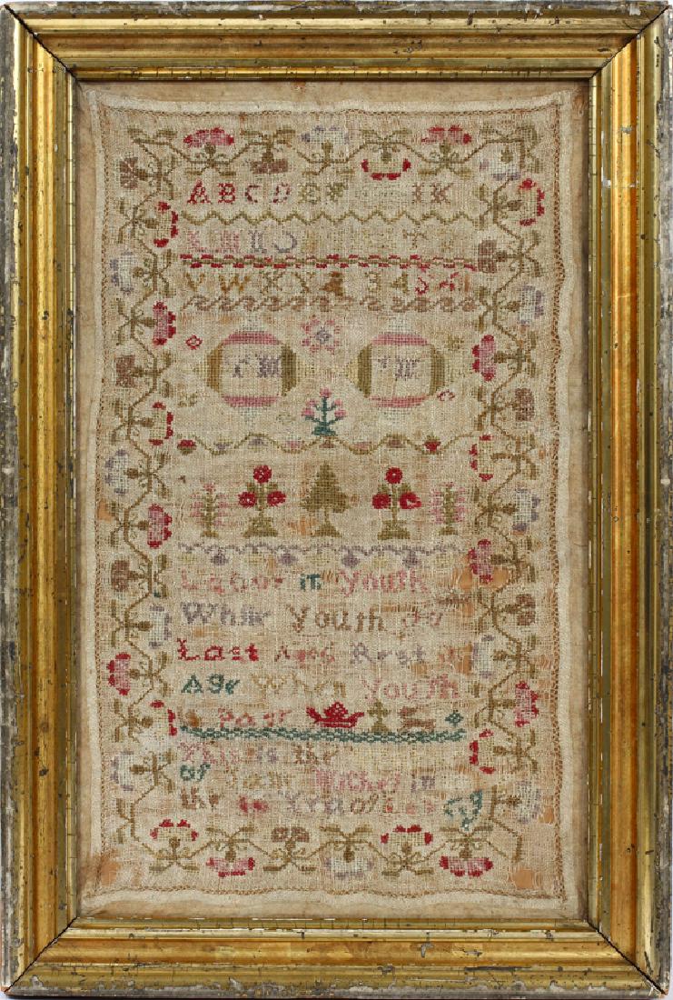 AMERICAN SCHOOLGIRL EMBROIDERED SAMPLER: AMERICAN SCHOOLGIRL EMBROIDERED SAMPLER, BY JANE WICK EARLY 19TH C., H 16", W 10" :Includes the ABC's and a pious verse about youth. Year is not evident. Framed behind glass. From the Estate of Margar