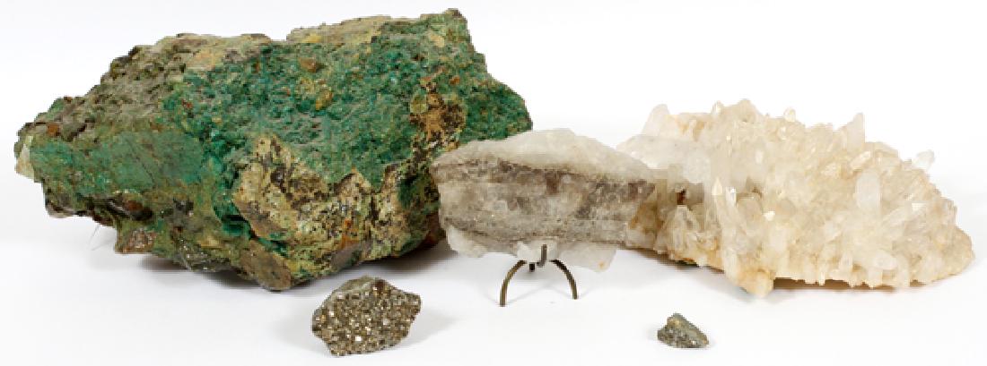 QUARTZ CRYSTAL, PYRITE, & STONE ROCK, 5 PCS.: QUARTZ CRYSTAL, PYRITE, & STONE ROCK, 5 PCS., L 1"-18" :A lot composed of two Quartz crystal geodes, two iron pyrite samples (one with stand), and one miscellaneous rock.