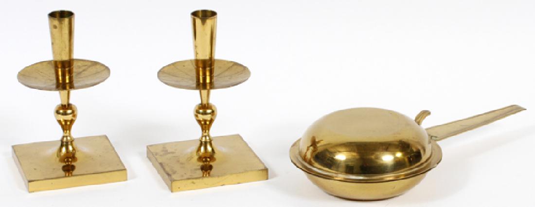 SILVER CANDLE STICKS & SILENT BUTLER: TOMMI PARZINGER, DORLYN SILVERSMITHS, SILVER WITH GOLD WASH CANDLE STICKS AND SILENT BUTLER, 3 PCS., H 3" & 7" L 12" :PAIR OF SILVER CANDLESTICKS, 7" H. AND SILENT BUTLER, 3" H. X 12" L. BOTH WITH GOL