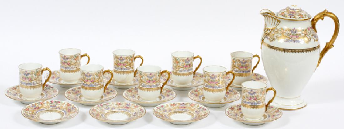 DELINIERES & CO DEMITASSE CUPS, SAUCERS & TEAPOT: DELINIERES & CO, PORCELAIN DEMITASSE CUPS, SAUCERS AND TEAPOT, 22 PIECES :Having a hand painted floral pattern. Green D&C France stamp on the bottom along with a red L Bernardaud & Co. Limoges stamp.