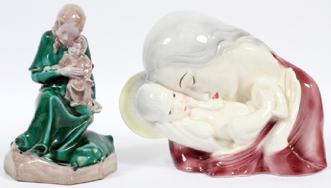 PORCELAIN AND POTTERY FIGURES MADONNA AND CHILD: PORCELAIN AND POTTERY FIGURES H 8" & 9", MADONNA AND CHILD :Including a Goldscheider Madonna and Child, H 8", in addition to a pottery Madonna and Child, H 9". Marked 'Made in Germany'.