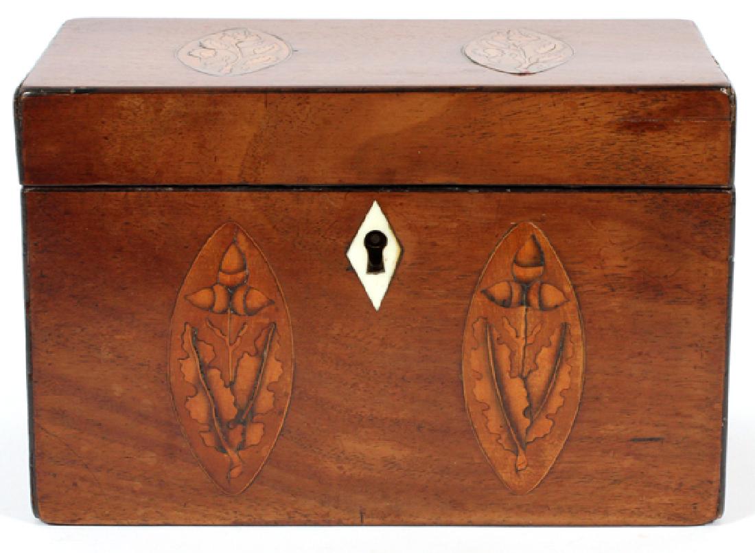 SATINWOOD INLAID MAHOGANY TEA CADDY, C. 1840 (1 of 4)