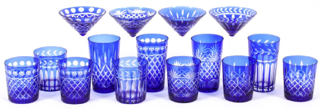 BLUE OVERLAY GLASSWARE, 15 PIECES (1 of 2)