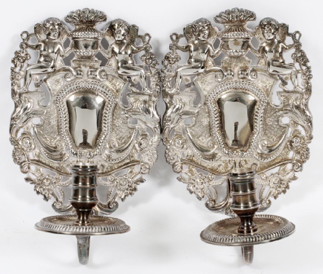 SILVER PLATE WALL SCONCES, PAIR, H 9", W 5", D 6" (1 of 3)