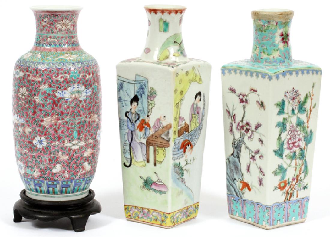 CHINESE SQUARE HAND-PAINTED TAPERED VASES, 3 PCS (1 of 3)