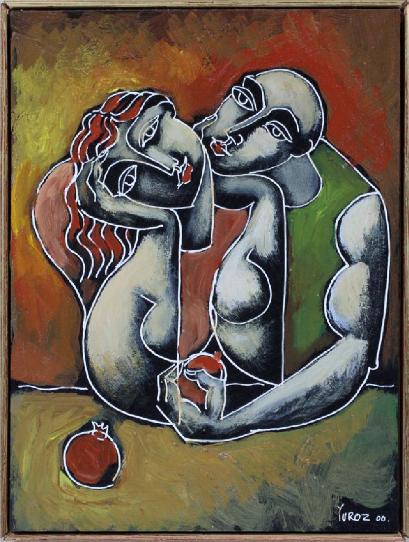 YURI YOROZ MIXED MEDIA ON BOARD "JOINED THOUGHTS": YURI YOROZ, MIXED MEDIA ON BOARD, H 8", W 6", "JOINED THOUGHTS" :Yuri G. Yuroz [American/Armenian, B. 1956]. An acrylic and mixed media on board. Signed lower right and dated 2000. Matted, floated and