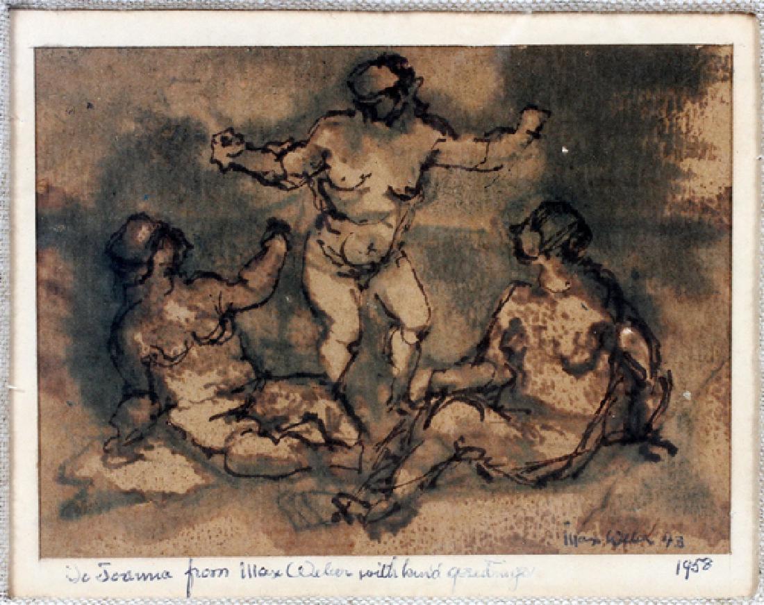 MAX WEBER INK, PENCIL & WATERCOLOR ON PAPER, 1943: MAX WEBER (AMERICAN, 1881-1961), INK, PENCIL & WATERCOLOR ON PAPER, 1943, H 4", W 5 1/2", FIGURAL COMPOSITION:Signed and dated 1943 lower right. Matboard signed: "To Joanna from Max Weber with kind gr