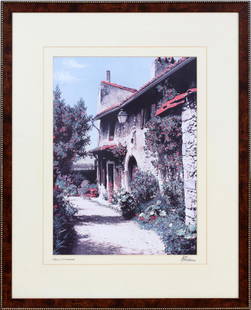MARTIN ROBERTS COLORED PRINT "FRENCH FARMHOUSE": MARTIN ROBERTS COLORED PRINT, H 20 1/4'', W 15'', "FRENCH FARMHOUSE" :A FRAMED AND MATTED PRINT BY MARTIN ROBERTS, TITLED "FRENCH FARMHOUSE" IN THE LOWER LEFT CORNER, AND SIGNED IN THE LOWER RIGHT COR