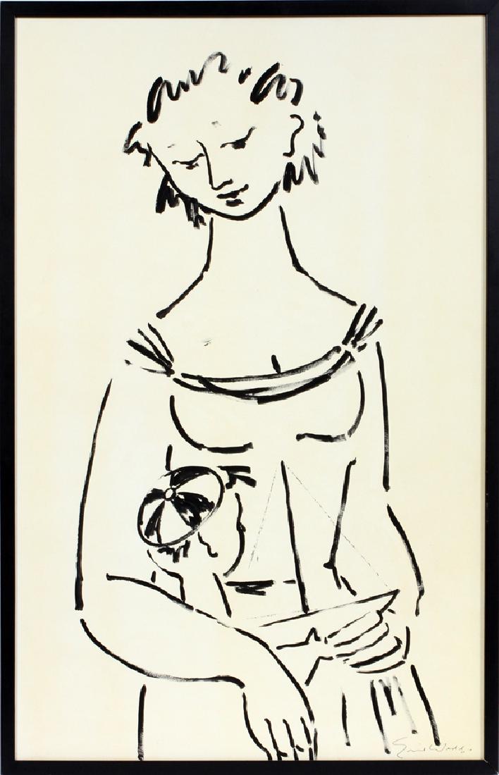 EMIL WEDDIGE ACRYLIC ON MASONITE, 1967: EMIL WEDDIGE (US/CANADIAN, 1907-2001), ACRYLIC ON MASONITE, 1967, IMAGE: 39" X 21", "WOMAN & CHILD":ARWIN GALLERIES, DETROIT, LABEL; SIGNED LOWER RIGHT; BLACK AND WHITE; FRAMED