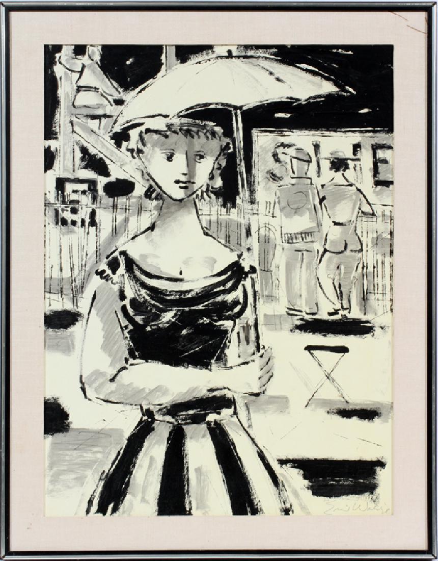 EMIL WEDDIGE ACRYLIC IN BLACK & WHITE ON MASONITE: EMIL WEDDIGE (US/CANADIAN, 1907-2001), ACRYLIC IN BLACK & WHITE ON MASONITE, 1967, 26 1/4" X 19 1/4", "HEURE' DU MANS":SIGNED LOWER RIGHT; FRAMED; ARWIN GALLERIES, DETROIT LABEL.